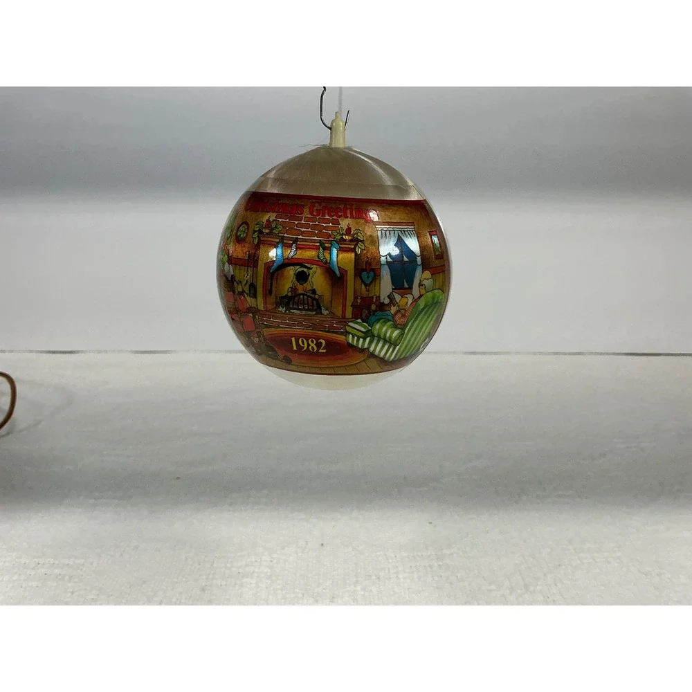 Vintage Christmas Greetings 1982 Satin Ball Ornament Fireplace Scene Cream Multi